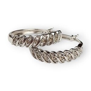 Genuine Diamond Sterling Hoop Earrings Rhodium Plated Sun Source 925 Silver 3/4"